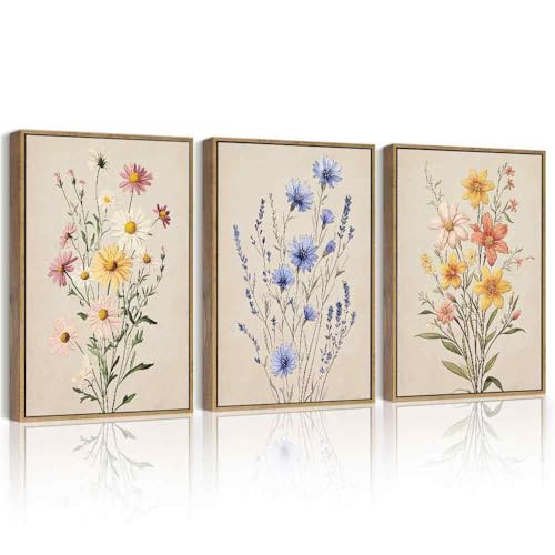 PHOPAGO Vintage Wildflower Bouquet Framed Wall Art Botanical Flower Wall Decor Modern Colorful Floral Living Room Bedroom Hanging Decor - 11x14in Natural Framed