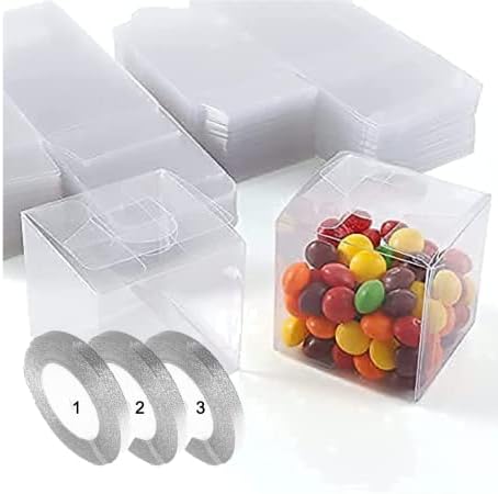 SABR 30pcs PVC Clear Favour Boxes + 66 metres of Silver Ribbon - Gift Favour Packaging Boxes with Protected Film Wedding Favours for Guests Sweets Boxes Empty (7x7x7cm)