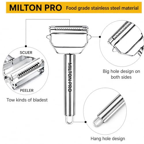 Image of MP Milton PRO 2 in 1 Stainless Steel Julienne Vegetable Peeler Multi-Functional Fruit & Veggie Shredder Slicer and Grater for Potatoes, Carrots, Cucumbers (Silver, 18 x 8.2 x 2.3 cm)
