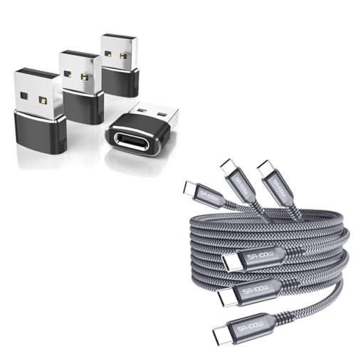 Elebase 4 Pack USB to USB C Adapter and 3 Pack USB C to Type C 100W Cable for Apple Watch Ultra iWatch 8 7,iPhone 15 14 13 12 Pro Max Plus,Airpods,iPad 9 10 Air 5 Mini 6,Car,Samsung Galaxy S23 S22