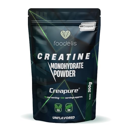 Foodelis Creatina creapure 300g en polvo - 100% creatina monohidratada creapure - Sin sabor, No-GMO, Pura sin aditivos -Incluye dosificador - Alta solubilida