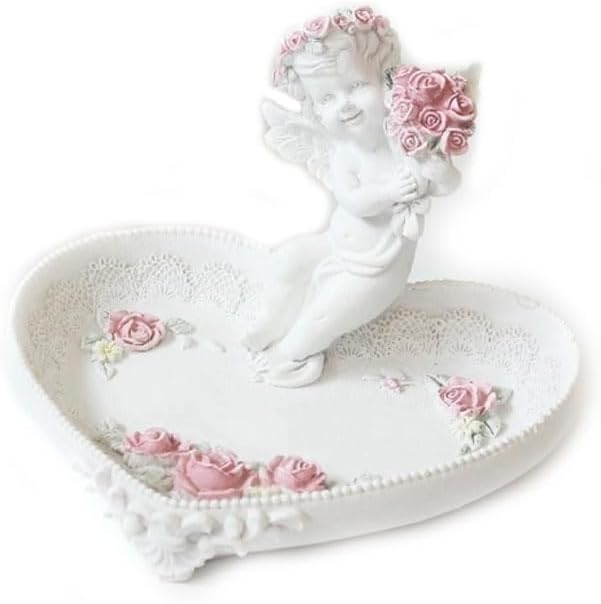Angel Heart Trinket Dish – Shabby Chic Rose Angel Tray – Vintage-Inspired Heart-Shaped Jewelry Holder – Decorative Romantic Accessory Dish for Vanity or Bedroom Décor