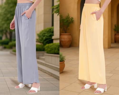 Image of Buy That Trendz Palazzo Pants for Women Rayon Elasticated Regular Fit Flared Wide Leg M to 6XL Pack of 2