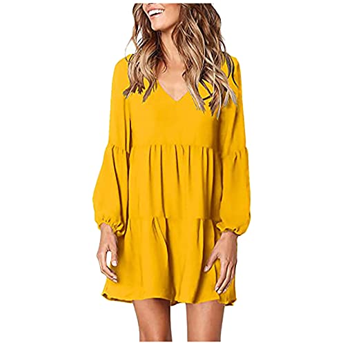 Aniywn Women’s Summer Tunic Dress V Neck Short Sleeve Ruffle Casual Loose Flowy Babydoll Swing Mini Shift Dresses Yellow