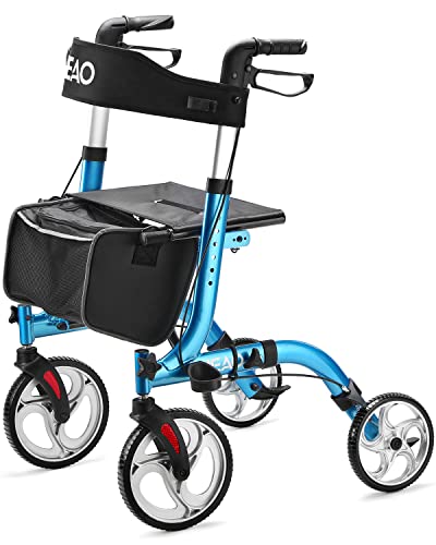 Heao Rollator Walker For Seniors,10" Wheels Walker With Cup Holder,Padded Backrest And Compact Folding Design,Lightweight Mobility Walking Aid With Seat,Blue #TOP6