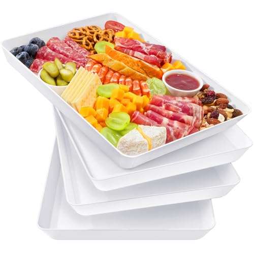 Lifewit 4 Pcs Plastic Serving Platter for Party, 16" x 12" White Trays for Serving Food, Reusable Extra Large Platters for Buffet, Appetizer, Fruit, Dessert, New Year Party Supplies, Rectangle