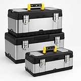 CROWNSHOP Tool Box ToolBox StorageHeavy Duty Stainless Steel Portable Toolbox with Metal Dual Latch Removable Tray Storage Case with Tray and Latch for Small Parts for Tools (14 +17 +19 Inch)