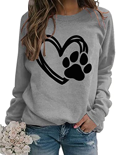 Sunidol Womens Dog Mama Sweatshirts Dog Paw Print Love Heart Graphics Long Sleeve Crewneck Pullover Casual T-Shirts Grey L