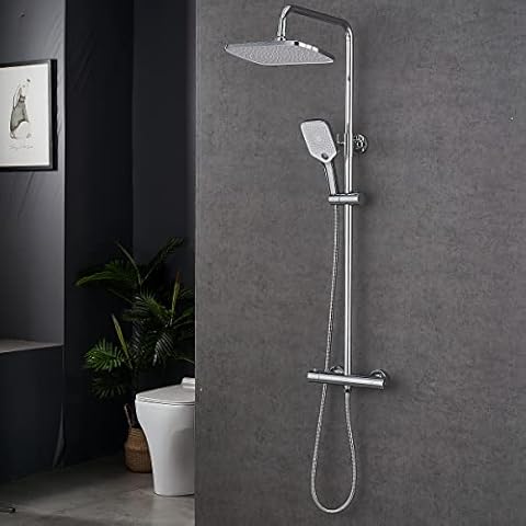 Plumbsys Thermostat Shower Mixer Set Chrome Thermostatic Shower System 12 inches Rectangle Rain Shower,Handshower with 3 Function,1.5m Shower Hose Cover