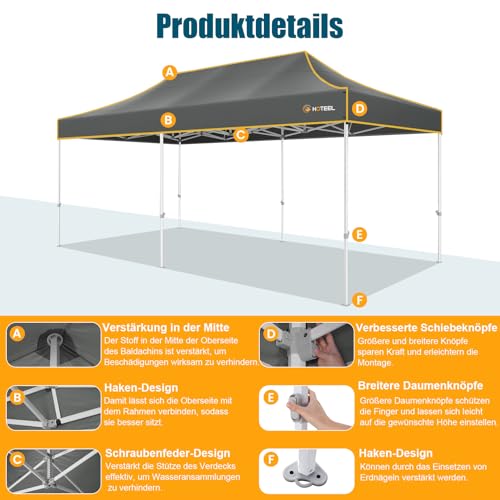 Image of Hoteel Gazebo 3 x 6 Waterproof Stable Winterproof, Reinforced Folding Gazebo with Hexagonal Tube Frame, Anti-UV Party Tent, Foldable Garden Gazebo for Markets, Carry Bag with Wheels, 4 Sand Bags, Grey