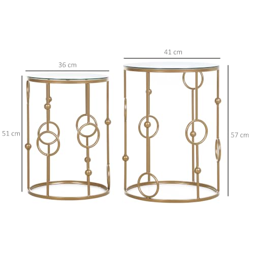 HOMCOM Round Coffee Table Set of 2 Tempered Glass Top Gold Tone | Nesting Side End Tables with Steel Frame for Living Room - Image 3