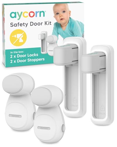 Kit di Sicurezza per Porte AYCORN® - 2 Fermaporta e 2 Blocchi per Maniglia della Porta - Adesivo 3M, Senza Forature, Installazione in 30 Secondi (Senza Danni ai Mobili) - Ferma e Blocca Porte - Bianco