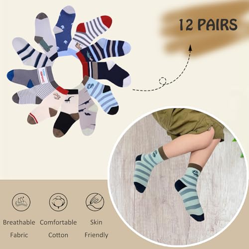 Toddler Boys Socks 12 Pairs Baby Crew Cotton Boy Dinosaur Socks for 1-3T/3-5T/6-8Years School Little Kids2