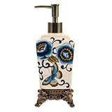 WRITWAA Dispensador de Jabón de Manos de Cerámica Vintage 340 Ml Impresión Floral Retro, Botella Tipo Prensa Reutilizable para Loción y Gel de Ducha, Accesorio de Baño Elegante y Práctico