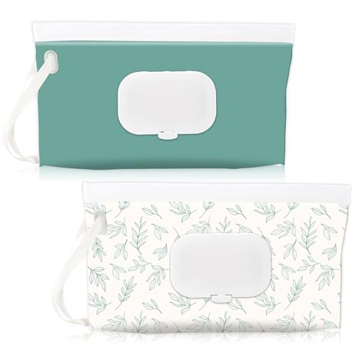 Image of FEBSNOW 2 Pack Baby Wipes Dispenser Holder, Portable Refillable Baby Wet Wipes Pouch Container Reusable Travel Case for Outdoor Hiking, Blue Leaves