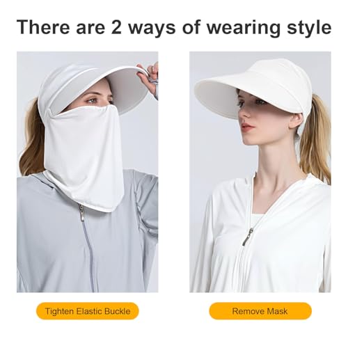 Image of Women Wide Brim Face Mask Sun Hat Detachable Neck Face Flap Ponytail UV Protection Visor Hat Garden Fishing Hiking