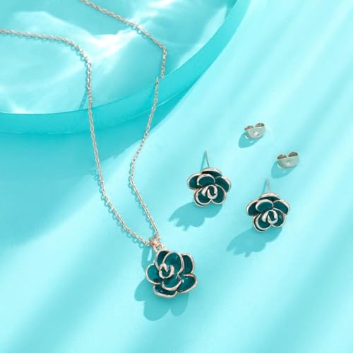 EVEVIC Rose Flower Necklace Earrings Set for Women 18K Gold Plated Hypoallergenic Jewelry Sets (Green) - Thumbnail 7