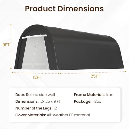 Heavy Duty Carport 12X25FT, Portable Garage with 2 Roll Up Doors Vents and Metal Round Roof, Outdoor Storage shed Car Port Canopy Tent for Garden Tools, Vehicle Truck Boat, Party, Dark Gray