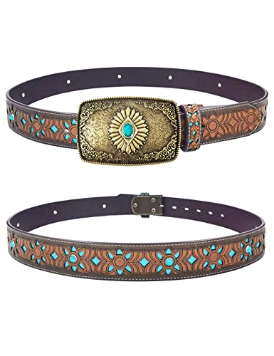 Topacc Western Belts For Women Turquoise Buckle Cowgirl Concho Bohemian Tooled Leather Belt For Jeans Pants Brown #TOP1