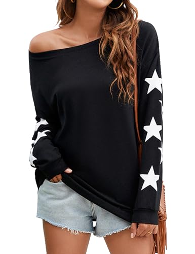 Blooming Jelly Womens Off The Shoulder Sweater Knit Pullover Long Sleeve Star Print Lightweight Cute Tops Fall Chothes Black