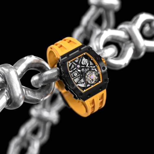 Image of TSAR BOMBA Men's Automatic Watch Tonneau Luxury Skeleton Watches for Men Mechanical 50M Waterproof Analogue Watches Mens Unique Cool Square Big Face Dial Wristwatch with Silicone Strap Band
