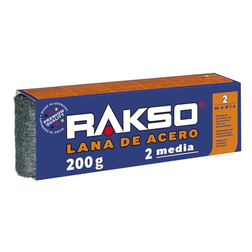 RAKSO Lana de Acero Grado Medio 2 – 400 g, 2 rollos de 200 g, elimina restos de cera y pulimento, aplica cera, limpia moldes metálicos