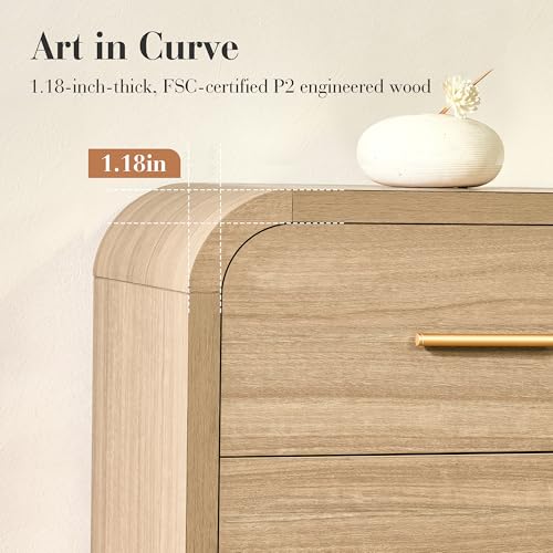 EliteSet Curved 9-Drawer Dresser for Bedroom, 63\" Wide Modern Chest of Drawers, Vanity Desk TV Stand for Living Room, Closet Storage Drawers Organizer Furniture, Nursery, Hallway, Oak