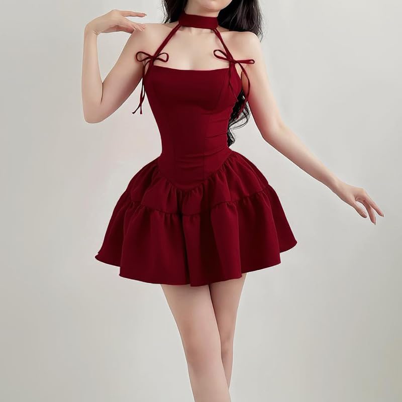 French Retro red Bow tie Tied Neck Dress with Waistband and A-line Puffy Suspender Short Skirt2