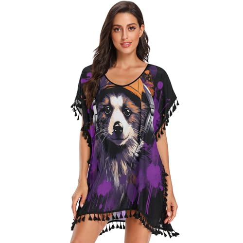 Cool Music Animal Raccoon Women's Beach Cover Up Chiffon Tassel Swimwear Swimsuit Coverups for Girl