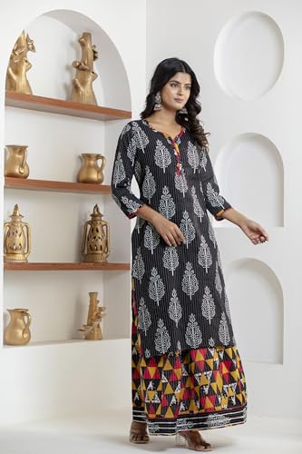 Image of KANNAHI Women Pure Cotton Blue and Rust Ethnic Motif Ajrakh Handblock Printed Kurta Set