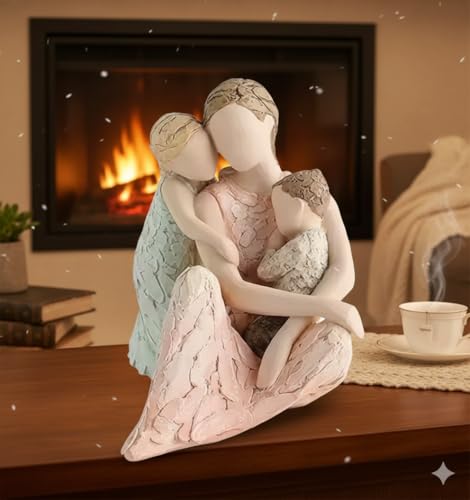 Image of Mother with Two Children (MA Bacha) Figurine, Resin Sculpture, Pastel Colors, Family Theme, Home Decor