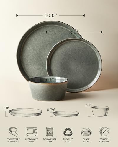 Image of Ceramic Plates and Bowls Sets for 8, 24pcs Dinnerware Sets, Dish Set | Reactive Glaze Stoneware Dishes Set, Microwave & Dishwasher Safe, Scratch Resistant, Easy Cleaning Dishware sets, Green Wheat