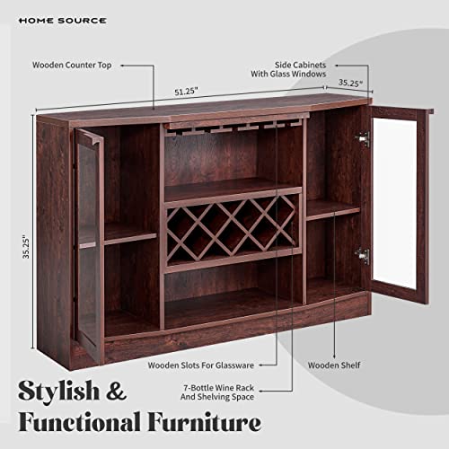 Home Source - Jill Zarin Stylish, Elegant Indoor Home Mahogany-Colored Bar Cabinet With Curved Glass Doors, Built-In Wine Rack, Lower Wine Cabinet, Liquor Cabinet - Mahogany-Colored Wood #TOP2