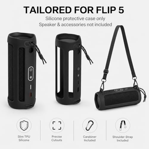 Image of Silicone Case Compatible for JBL FLIP 5 Portable Bluetooth Speaker, Gel Soft Skin Cover, Rubber Case, Travel Carry Pouch with Strap (Speaker and Accessories not Included) (Black)