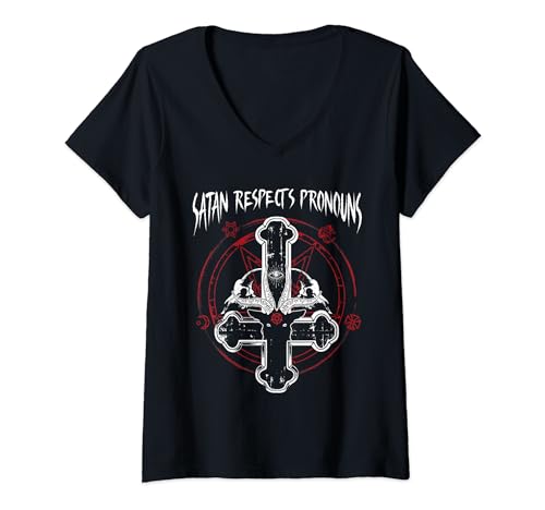 Femme Satan Respects Pronouns I Satanic Nun I Occult Baphomet T-Shirt avec Col en V