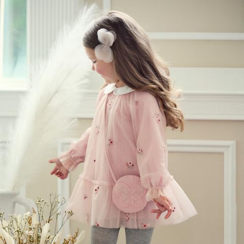 DAVE&BELLA Baby Girls Tulle Dress Long Sleeve Ruffed A-Line Princess Dress Flower Girl Embroidery Bowknot Wedding Party Dress3