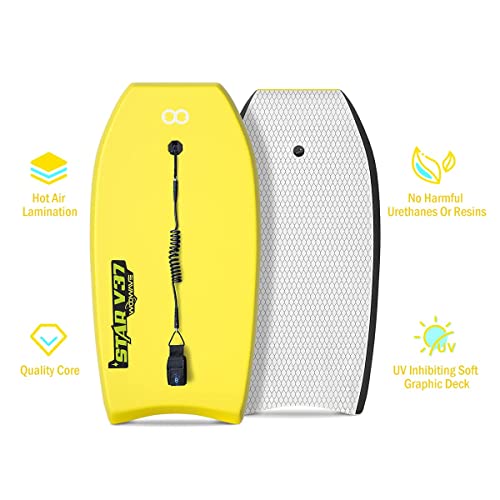 GEAVESS Bodyboard 33-inch/37-inch/42-inch Premium IXPE Body Board with Coiled Wrist Leash, Super Lightweight EPS Core and HDPE Slick Bottom, Perfect Surfing for Kids Teens and Adults(Yellow, 37inch