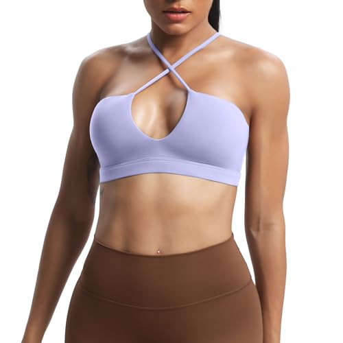Image of Aoxjox Women's Workout Sports Bras Jamie Deep V Fitness Training Gym Bra Yoga Crop Tank (Purple Heather, Small)