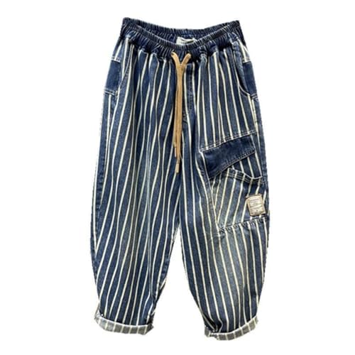 Men's Casual Plus Size Jeans Fashion Striped Denim Harem Pants Hip Hop Pull On Drawstring Jean with Pockets
