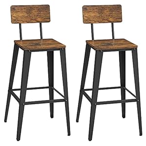 VASAGLE Set of 2 Bar Stools, Bar Height Stools, Tall Bar Stools with Back, Bar Chairs, Steel Frame, Industrial Style, Easy Assembly, Rustic Brown and Ink Black ULBC078B01 VASAGLE Set of 2 Bar Stools Bar Height Stools Tall Bar Stools with Back Bar Chairs Steel Frame Industrial Style Easy Assembly Rustic Brown and Ink Black ULBC078B01