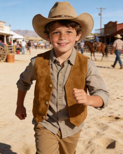 Image of Retro Boys Western Cowboy Vest for Kids Leather Suede Waistcoat | vintage dress vests, welt pockets, v-neck, adjustable waist, formal slim fit, wedding outfit, farm christmas birthday prom