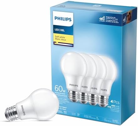 PHILIPS 463380 Led 60W A19 Soft White Non Dimmable(2700K)-4 Pack(Packing may Vary)