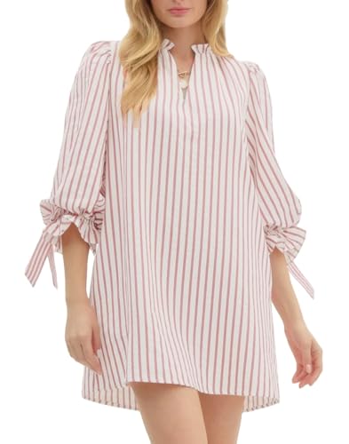 Striped Dress for Women V Neck 3/4 Bow Puff Sleeve Summer A Line Flowy Shirt Dress with Pockets