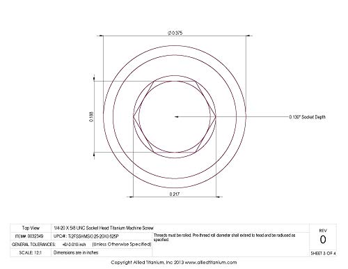 Allied Titanium 0032349, (Pack Of 10) 1/4-20 X 5/8 Unc Socket Head Titanium Machine Screw, Grade 2 (Cp) #TOP4