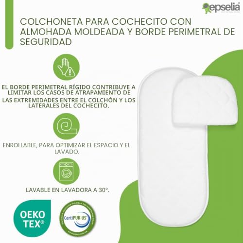 Miniatura 3 de Epselia - Colchón Para Capazo Con Almohada, Certificación Antiasfixia En16890:2017, Estructura Con Orificios De Ventilación, Antiácaros, Certipur Oeko-Tex