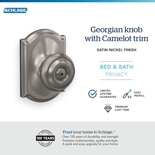 Image of Schlage F40 GEO 619 CAM Georgian Door Knob with Camelot Trim, Bed & Bath Privacy Lock, Satin Nickel