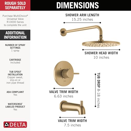 Image of Delta Modern 14 Series Round Rain Bathtub and Shower Faucet Set, Rainfall Brushed Gold Shower Head and Handle Set, Valve Trim Kit, 10 Inch, Champagne Bronze T14469-CZ-PP (Valve Not Included)