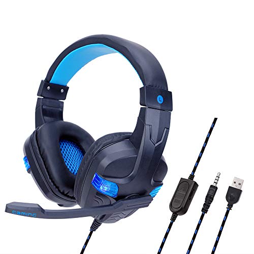 TEEKAR - Auriculares para juegos para PS4, auriculares estéreo con micrófono omnidireccional, auriculares de PC ligeros ajustables con conector de 3,5 mm, luces LED, orejeras transpirables para juegos