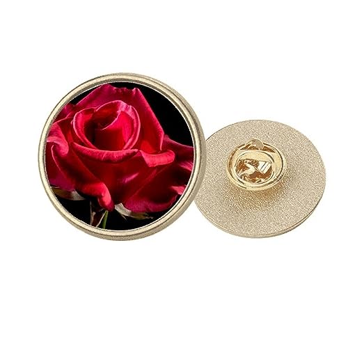 Broche ronde en métal doré avec roses rouges foncées style Art déco taille M
