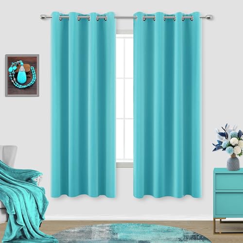 Image of Turquoise Curtains 63 Inch Length for Bedroom 2 Panel Set Grommet Window Drapes Insulated Thermal Light Blocking Darkening Pastel Blackout Lightweight Curtains for Girl Kid Mermaid Nursery Living Room
